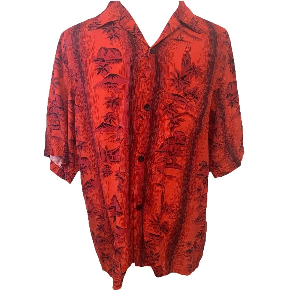 Lucky Brand Retro Feel Camp Shirt Men Large Red Tropical Print Resort Vacation